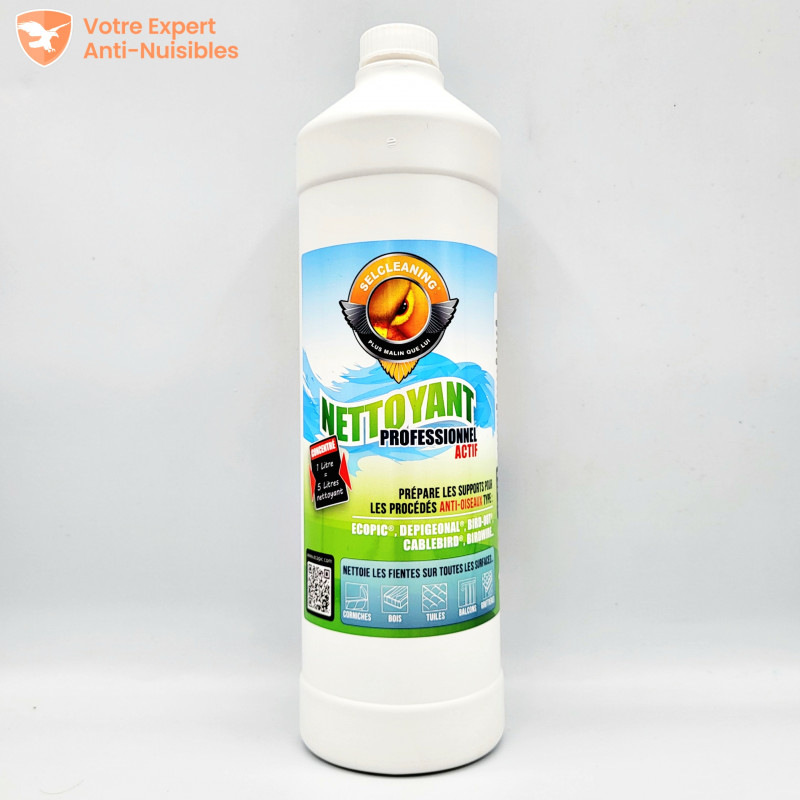 Produit nettoyant fiente de pigeon SELCLEANING®, bouteille de 1 litre.