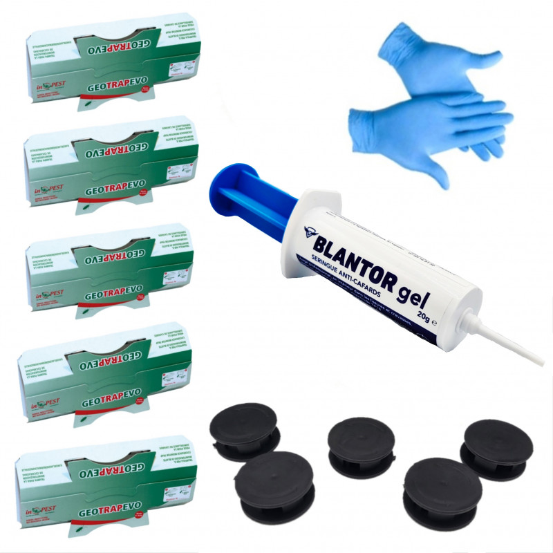 Pack anti cafards et blattes comportant le gel Blantor + 5 pièges à phéromones GEOTRAP + 1 paire de gants + 5 mini stations