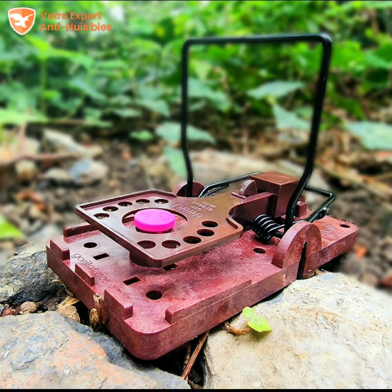Piège à rat posé sur une pierre en pleine nature