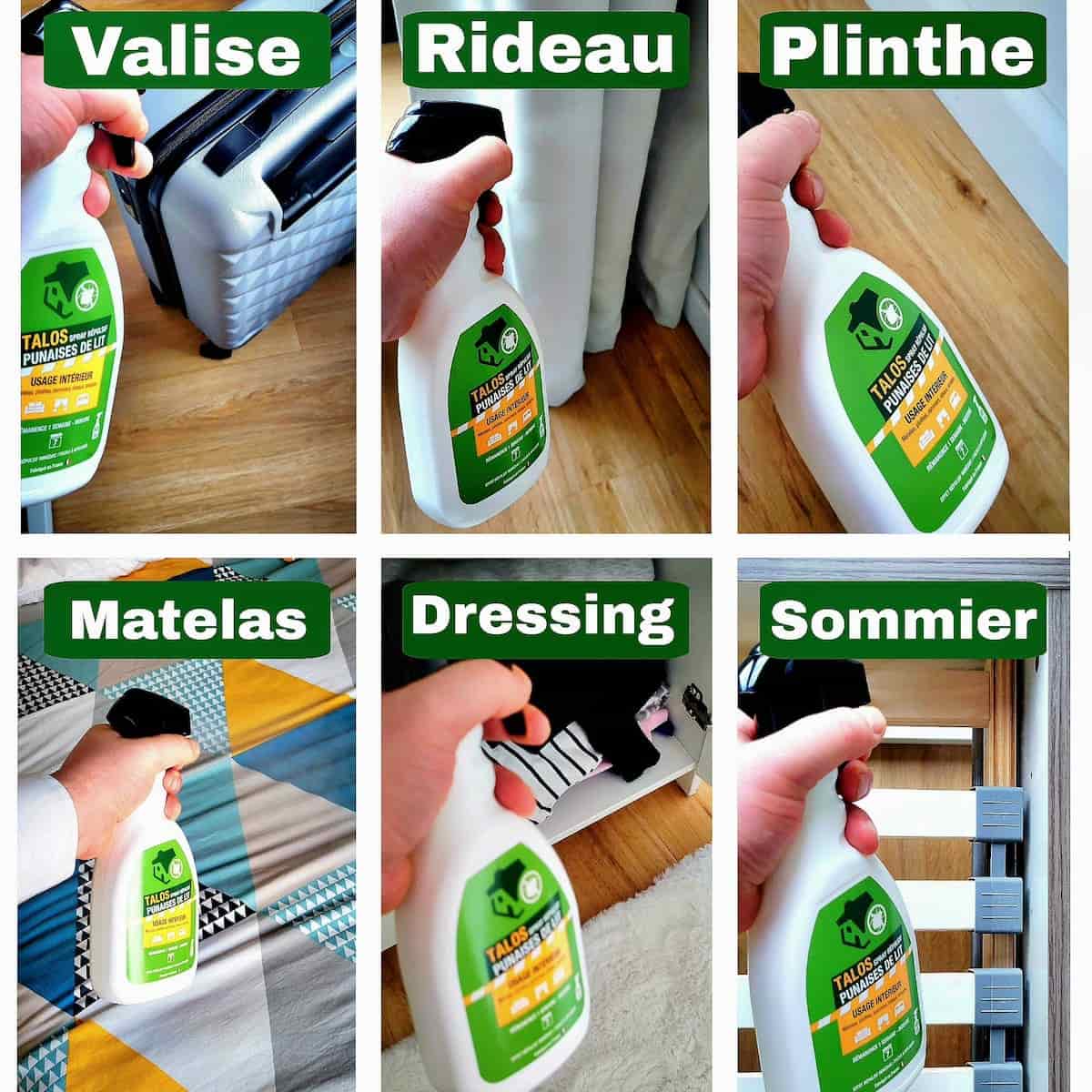 Usage du spray Talos anti punaise de lit sur de nombreux supports